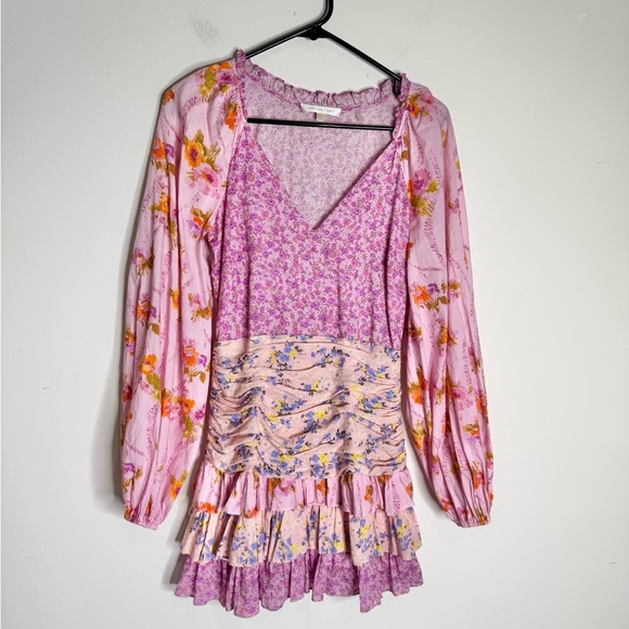 LoveShackFancy Long Sleeve Tiered Ruffle Floral Printed Mini Dress - Pink - Picture 3 of 12